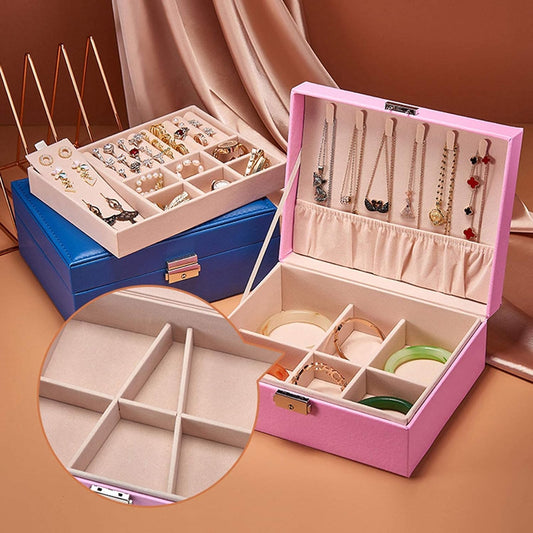 Boîte à bijoux en cuir double épaisseur, rangement de bagues, boucles et colliers